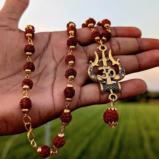 Gleaming Mens Gold Plated Rudraksha Mala with Om Symbol and Handcrafted Detailing