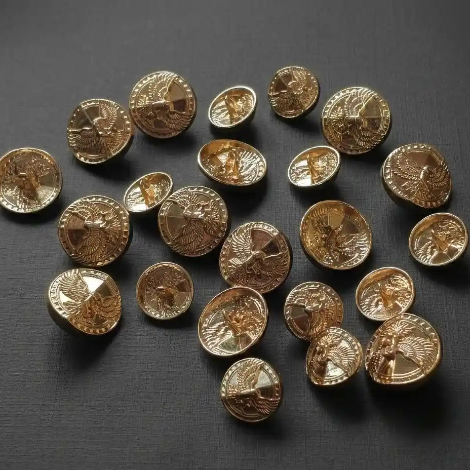 Gleemify 12pc Gold Eagle blazer buttons; showing the 22mm large eagle front button and 17mm small eagle sleeve button with detailed embossed wings.