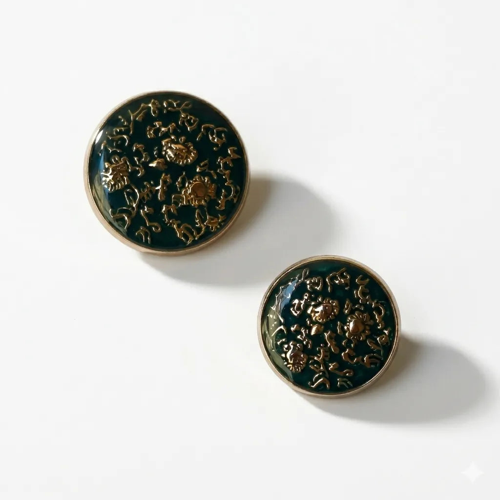 Side-by-side comparison of Gleemify 21mm large jacket buttons and 16mm small sleeve buttons showing the matching gold floral enamel design.