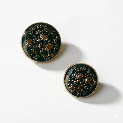 Side-by-side comparison of Gleemify 21mm large jacket buttons and 16mm small sleeve buttons showing the matching gold floral enamel design.