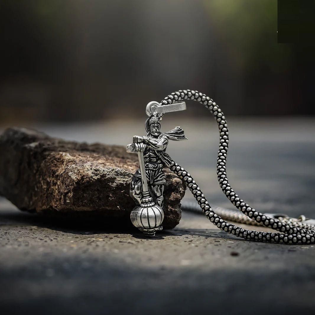 Hanumanji pendant with gada in silver, featuring intricate detailing and a durable chain