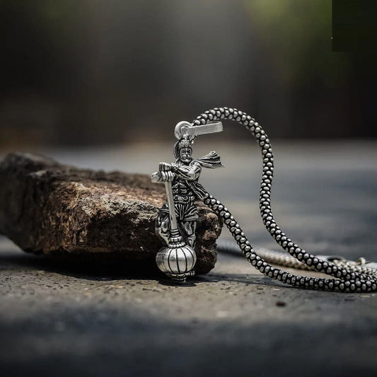 Hanumanji pendant with gada in silver, featuring intricate detailing and a durable chain