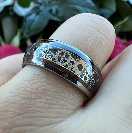 Luxurious Mechanical Gear Stainless Steel Ring featuring intricate gear designs and a polished finish