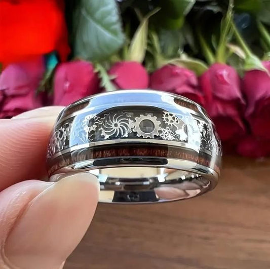Luxurious Mechanical Gear Stainless Steel Ring with intricate designs and polished finish