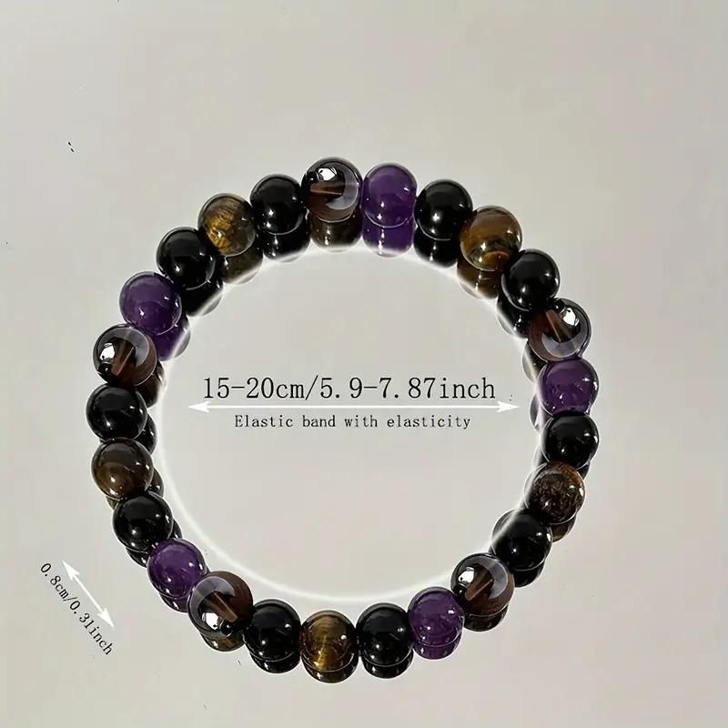 Natural stone bracelet set featuring black and purple gemstones on an elastic band for adjustable fit