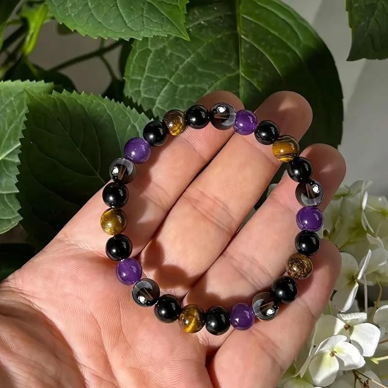 Natural stone bracelet set featuring black, purple, and brown beads perfect for everyday wear
