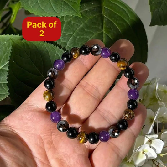 Pack of 2 natural stone bracelet set with purple, black, and gold beads for a stylish look