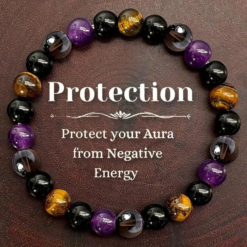 Natural stone bracelet set featuring black, purple, and tiger eye stones for aura protection