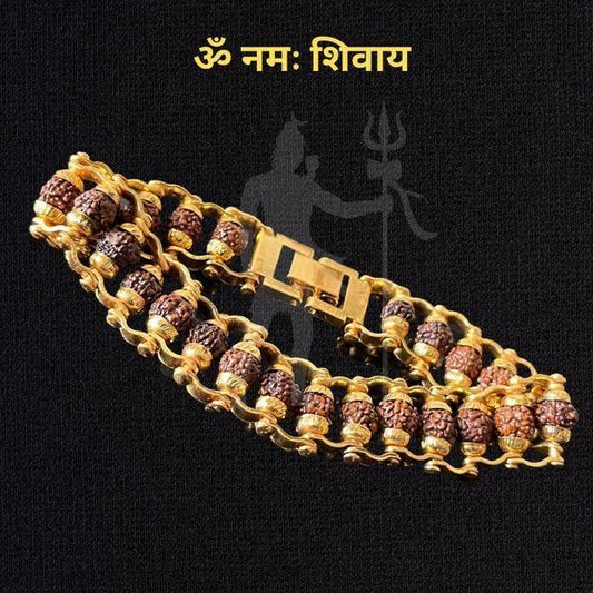 Elegant Paanch Mukhi Rudraksha bracelet with gold accents for spiritual enhancement and well-being