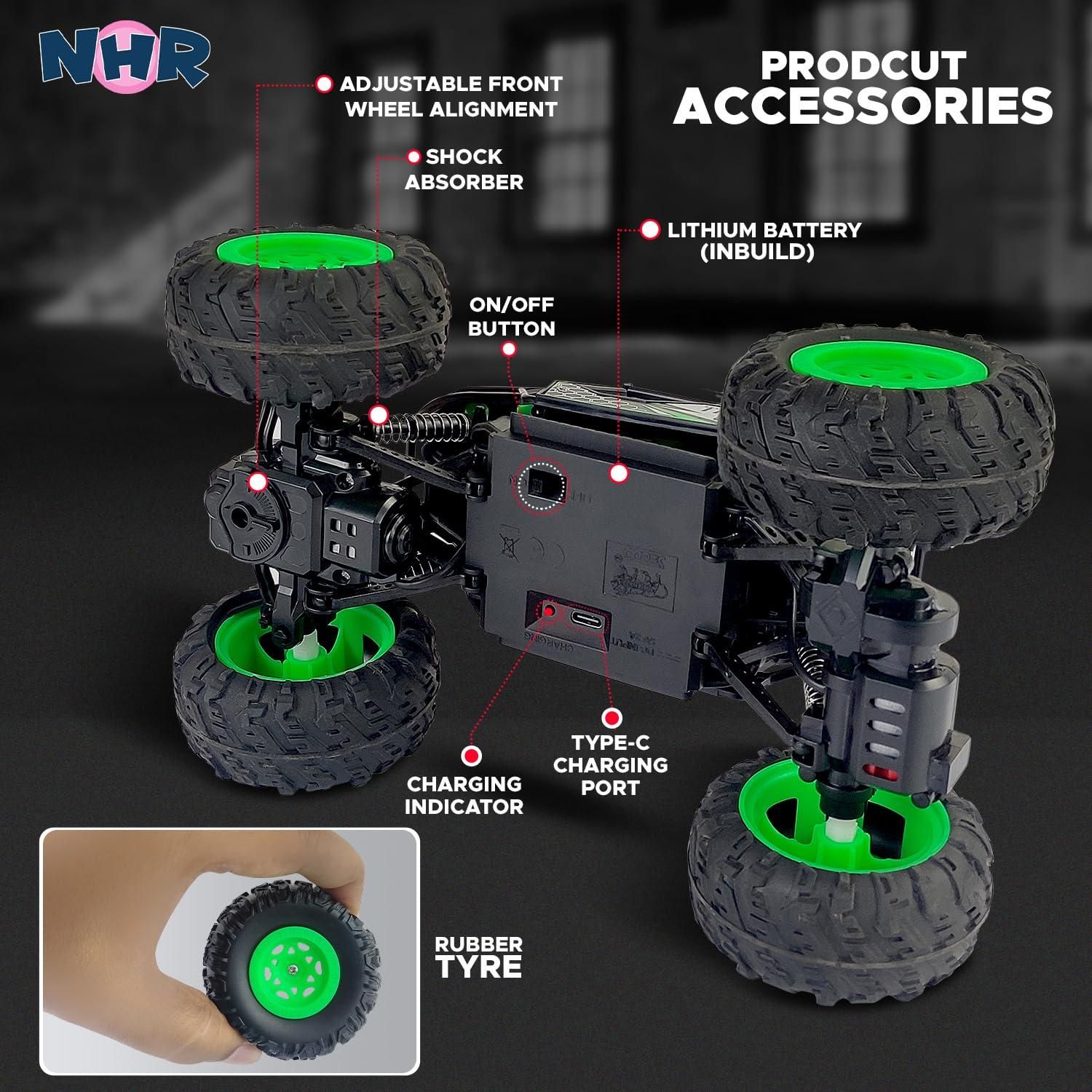 Gleemify remote control monster truck showcasing adjustable wheels and shock absorption features