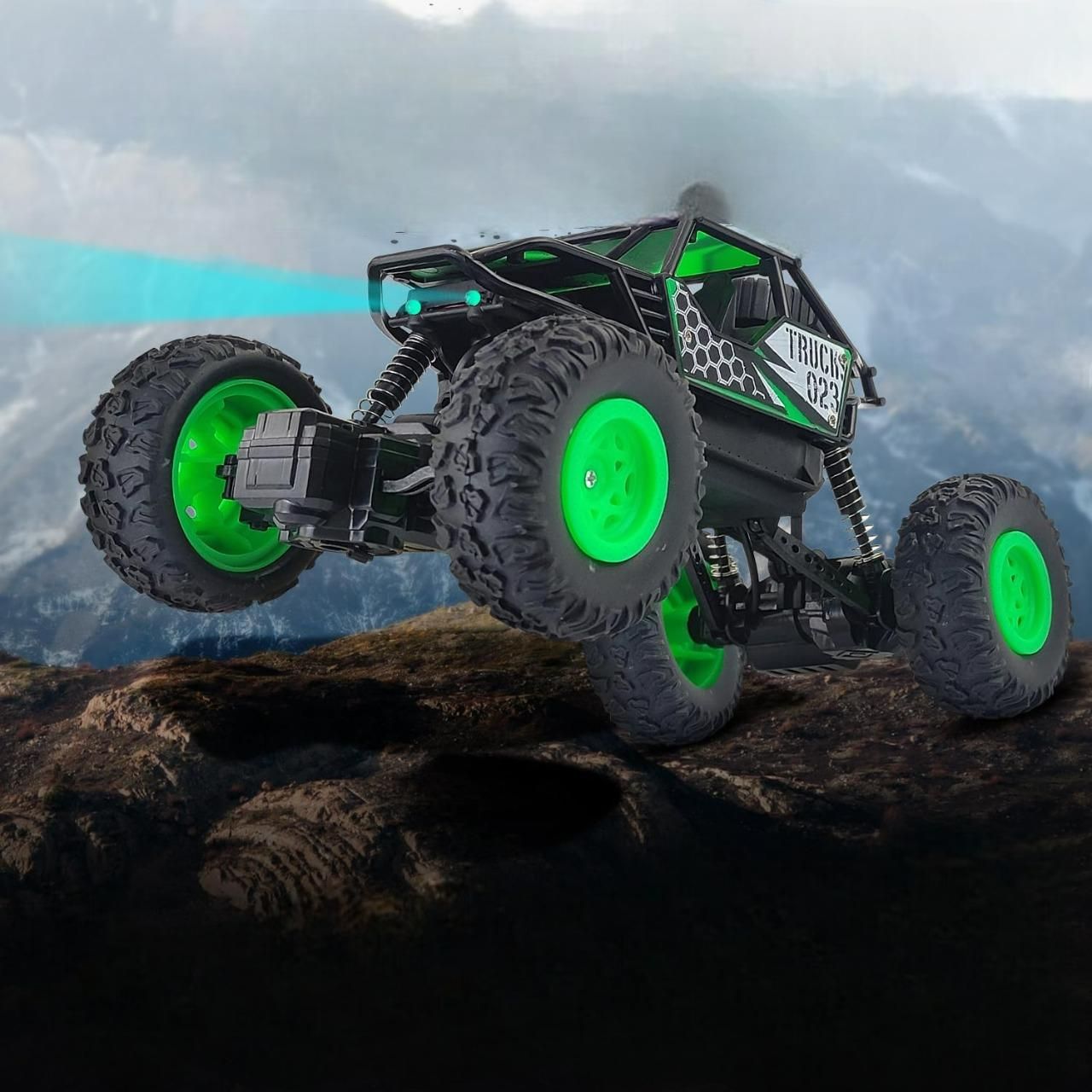 Gleemify remote control monster truck in action over rugged terrain with bright green wheels