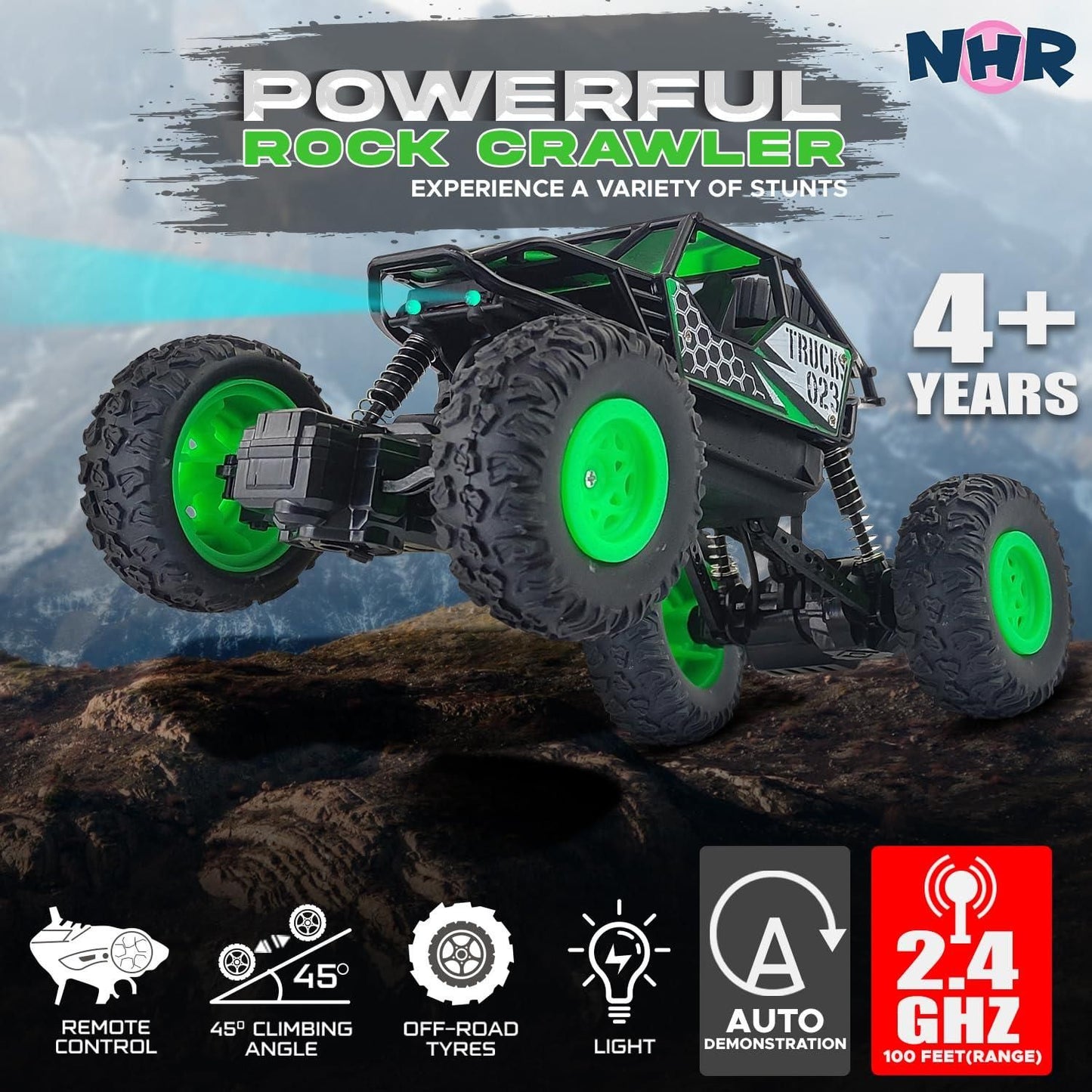 Gleemify remote control monster truck designed for off-road stunts with 45 climbing angle and light features