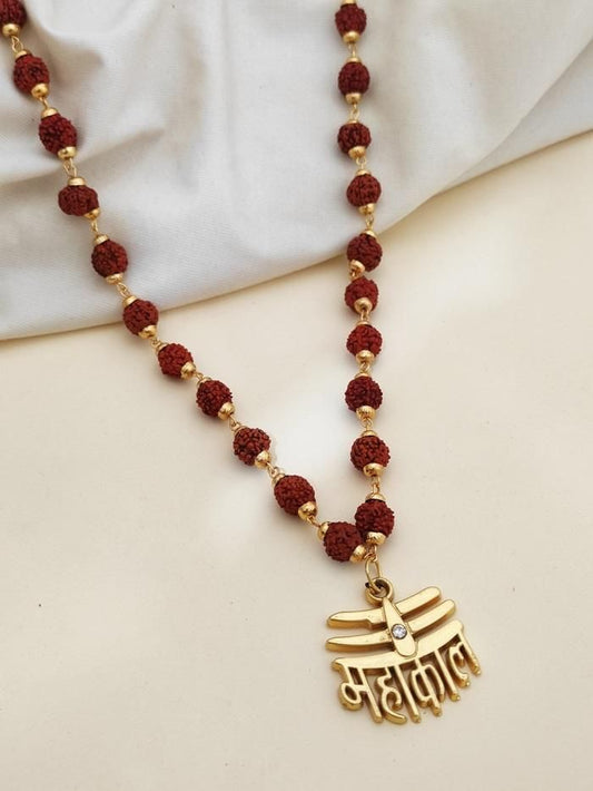 Rudraksha Mala with Mahakal pendant featuring red beads and gold accents for spiritual wear