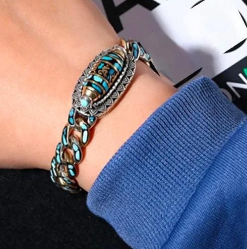 Unique Six-Character Mantra Nine-Eyed Dzi Bead Bracelet with intricate design and vibrant colors