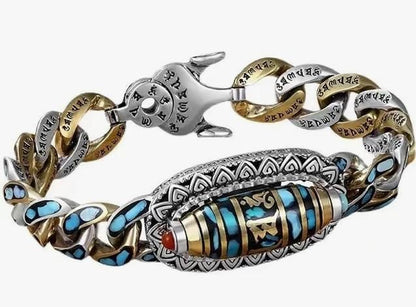 Unique Six-Character Mantra Nine-Eyed Dzi Bead Bracelet featuring intricate designs and colorful stones