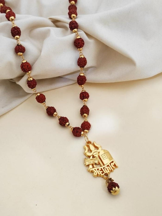 Rudraksha necklace with a gold Trishul spiritual charm and intricate detailing for positive energy