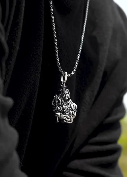 Spiritual Shiva locket in silver with intricate detailing on a stylish chain