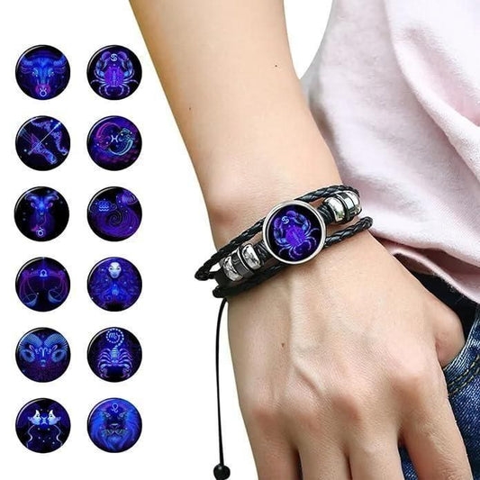 Zodiac Constellation Braided Design Black Leather Bracelet Adjustable with celestial charms on a hand
