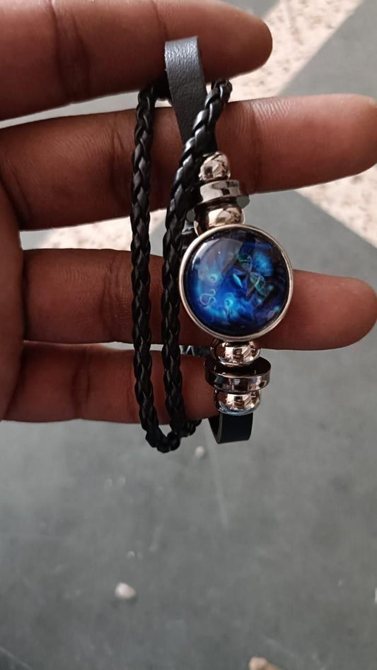 Zodiac Constellation Braided Design Black Leather Bracelet Adjustable with a blue celestial charm